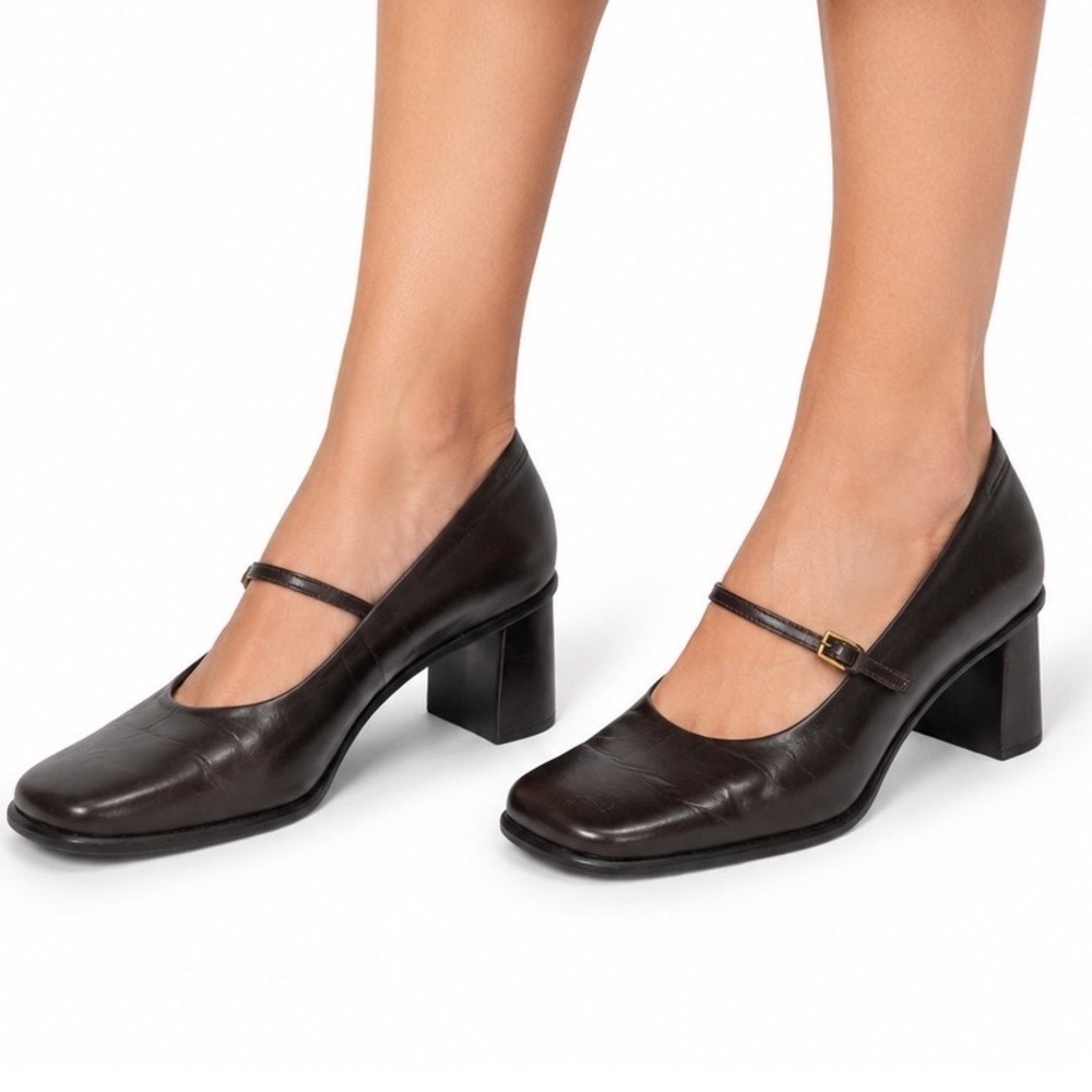 Franco Sarto Venezia Brown Leather Mary Jane Block Heel Pumps Women's Size 9.5